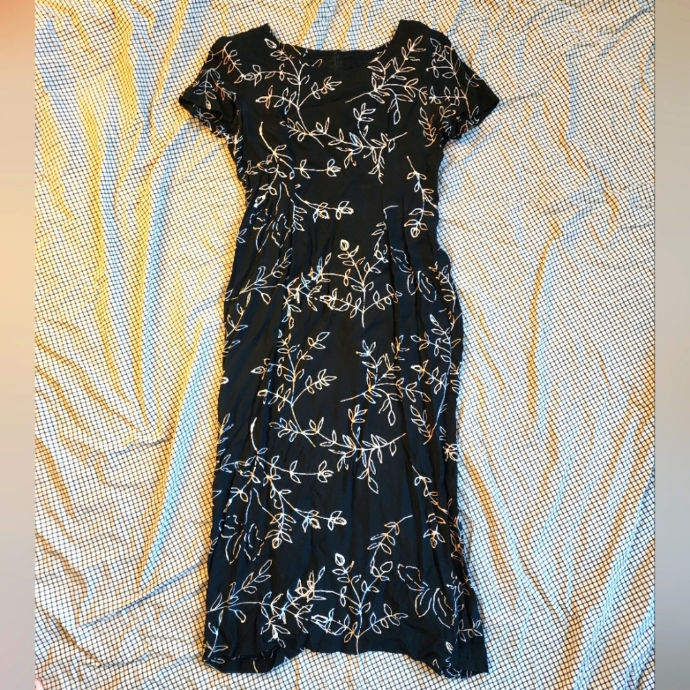 Vintage Midi Dress Autumn Leaf Print